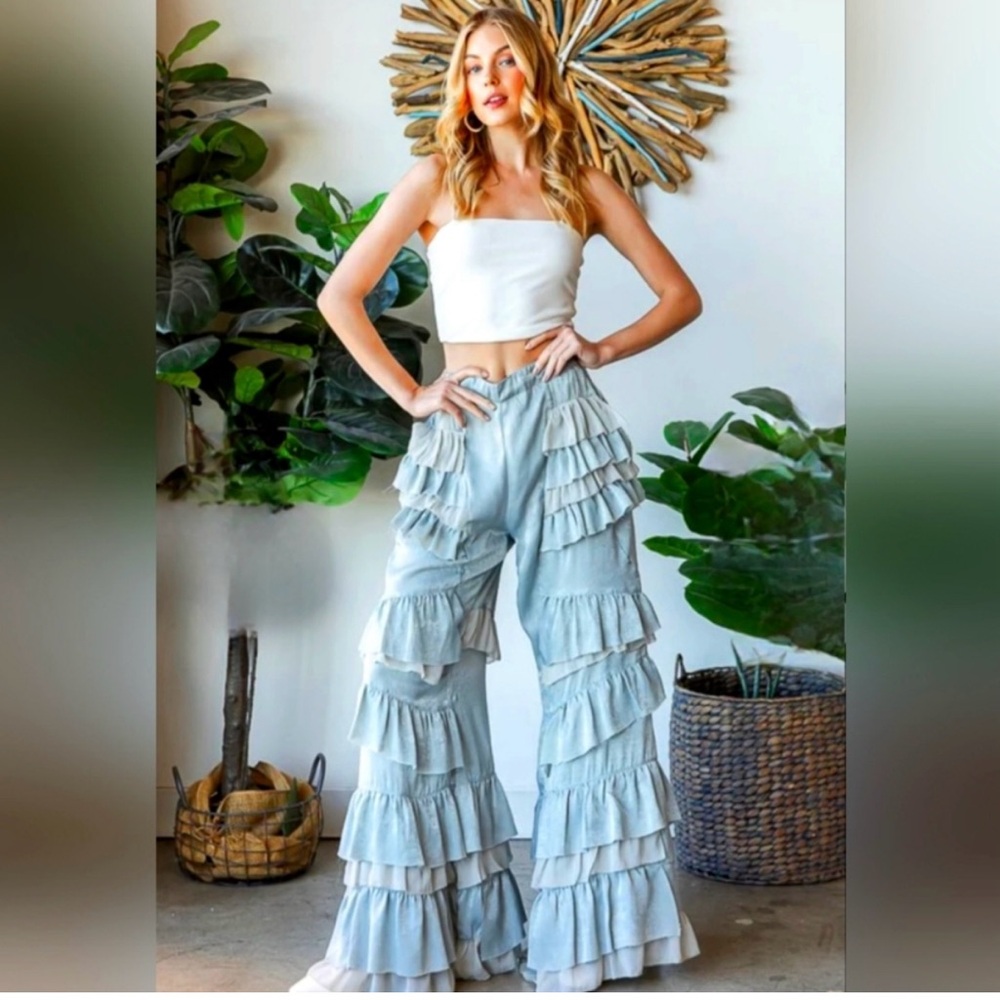 Free People Light Blue Ruffle Flare Pants S